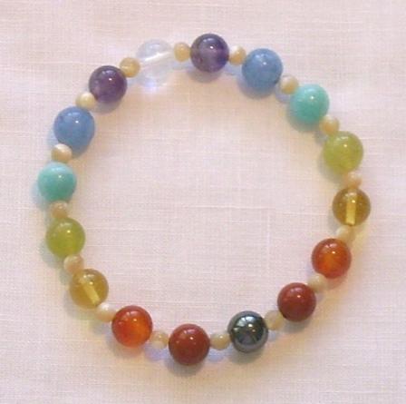 An example of a stone bead chakra armband.  Ein Beispiel von eine Steinperlen Chakra Armband.