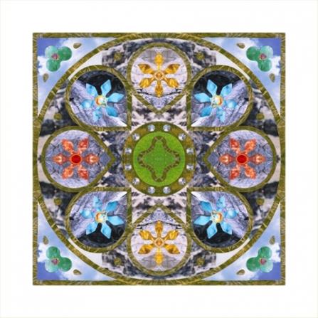 A Bamberger Mandala, multicolor, "The Earth Under Bamberg", 1999.  This mandala was inspired by the underground qualities of Bamberg, a wide network of catacombs.  As well this artwork was inspired by the strong connection of Bamberg to the mineral kingdom.  This mandala contributes for anyone, anywhere recognition of the geology, soil, Earth spirit below our feet, with and below the pavement of cities, within and below the foundations of buildings.  Ein Bamberg Mandala Bunt, „Die Erde unter Bamberg“, 1999.  Ein Collagefliesenkunstwerk in Mandalastil.  Dieses Mandala wurde mit Illustrierten Fotoausschnitten von Gold, Steinen, Halbedelsteinen, Gras und Himmel ausgestattet.  Für mich repräsentieren die Steine der Erde unter der gepflasterten, bebauten Oberflache von Bamberg.  Die Halbedelsteine wurden im „Blumen“-Teil des Musters verwendet, um an die edle, spirituelle, kulturelle und politische Herkunft von Bamberg zu deuten.  Insgesamt, vermittelt mir dieses Bild ein Gefühl der Verbundenheit mit den unsichtbaren elementaren Naturwesen, die den Erdboden bewohnen.  Dieses Bild erinnert an ihre ständige und wichtige Anwesenheit – obwohl unsichtbar oder nicht bemerkbar für die meisten Menschen – und ihre Rolle in dem physischen-emotional-geistig-spirituellen Ebenen und energetischen Kreislauf der Natur und Erde.